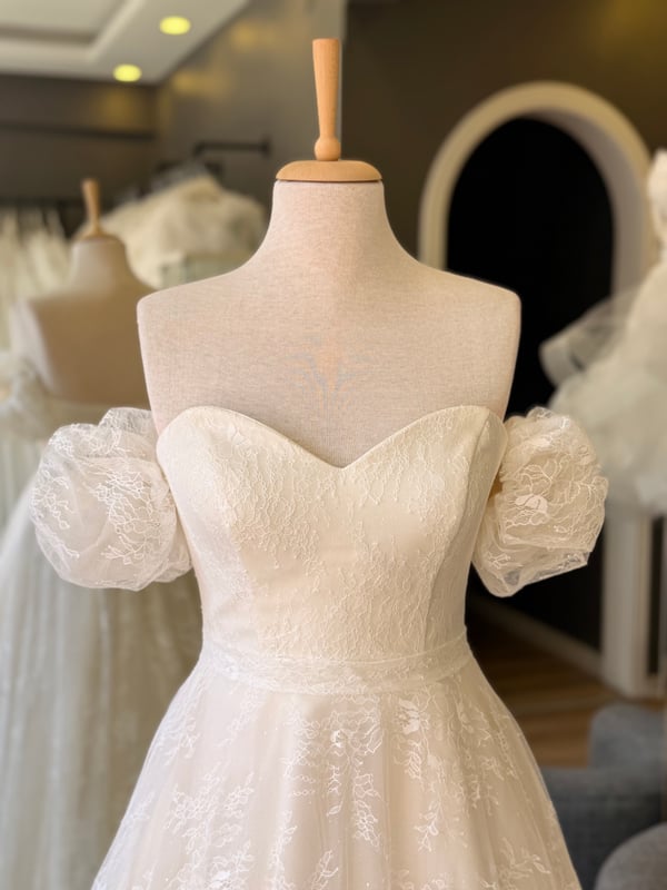 Lenta Wedding Krem Lez Dantel Balon Kollu Maxi boy Gelinlik ve Nişanlık