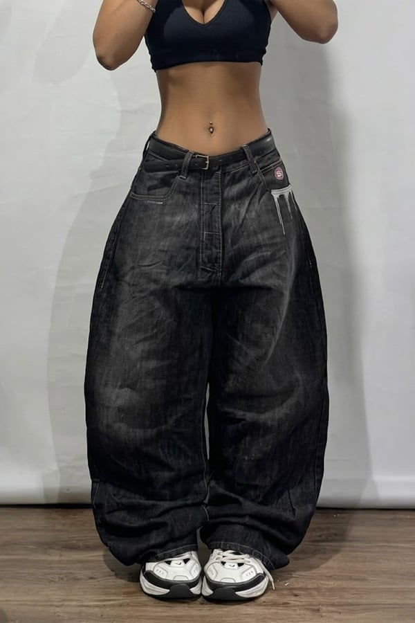Baggy Siyah Yıkamalı Cep Grafitty Nakış Detay Y2k Denim Pantolon