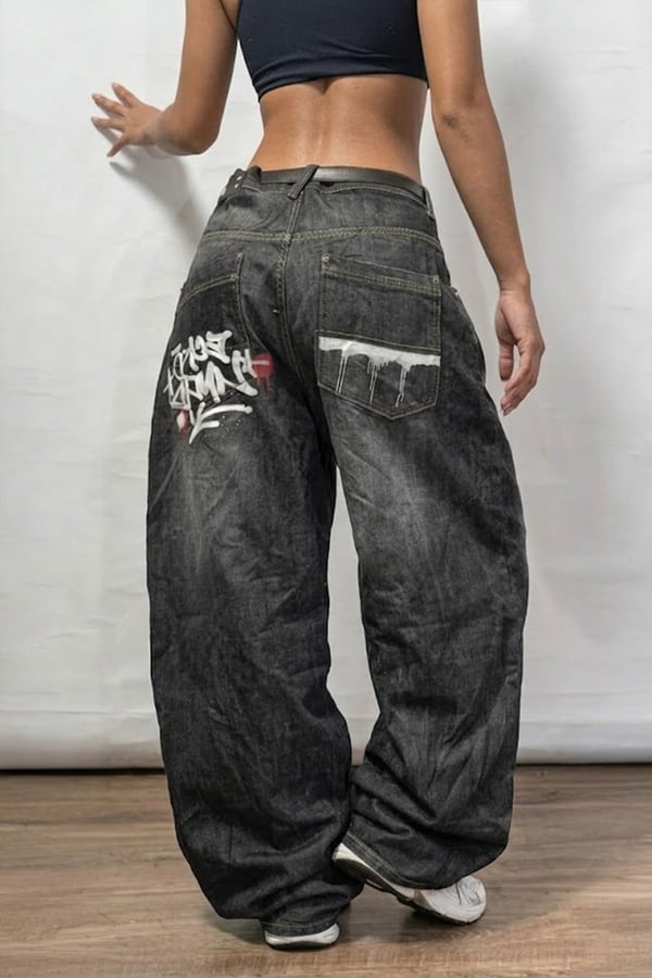 Baggy Siyah Yıkamalı Cep Grafitty Nakış Detay Y2k Denim Pantolon