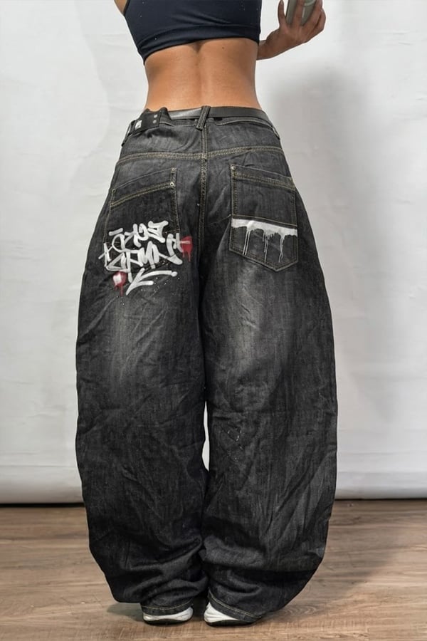 Baggy Siyah Yıkamalı Cep Grafitty Nakış Detay Y2k Denim Pantolon
