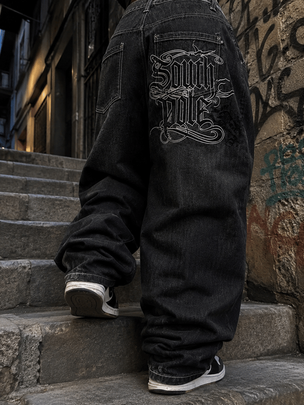 Baggy Siyah Yıkamalı South Pole Nakış Detay Y2k Denim Pantolon