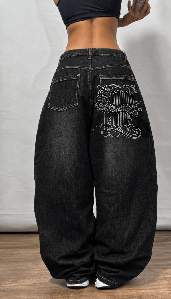 Baggy Siyah Yıkamalı South Pole Nakış Detay Y2k Denim Pantolon