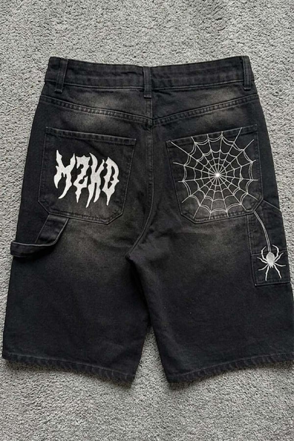 Beyaz MZKD Spider Nakışlı Y2K Baggy Unisex Şort