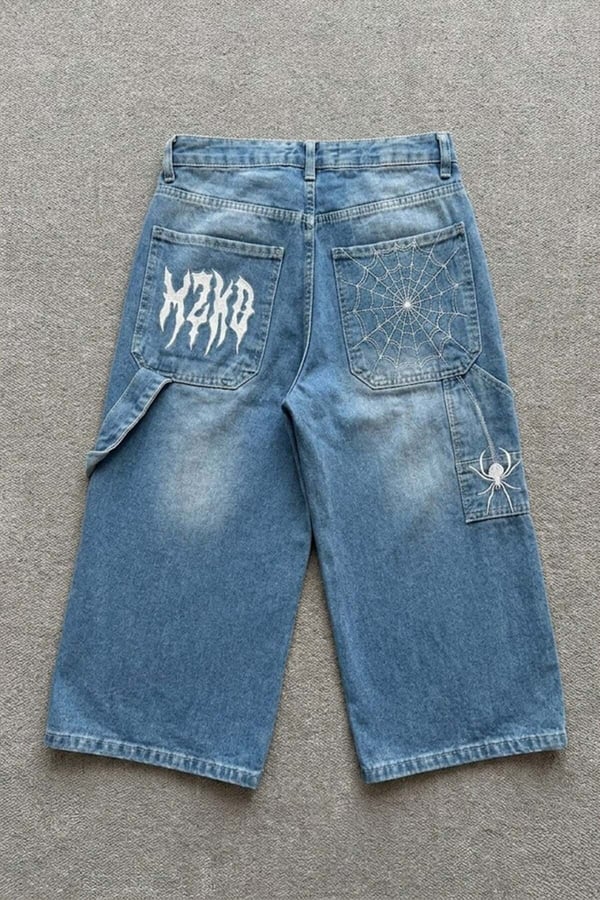 Beyaz MZKD Spider Nakışlı Y2K Baggy Unisex Şort