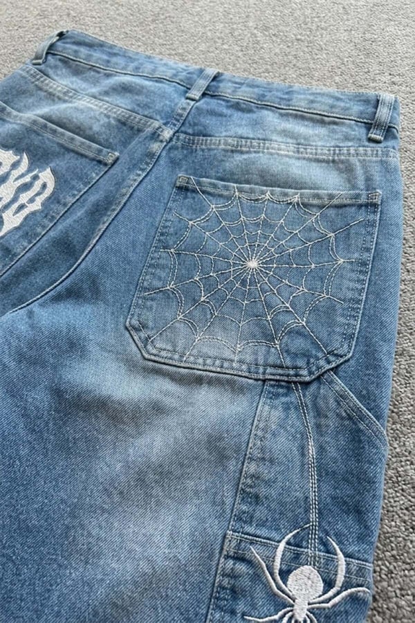 Beyaz MZKD Spider Nakışlı Y2K Baggy Unisex Şort