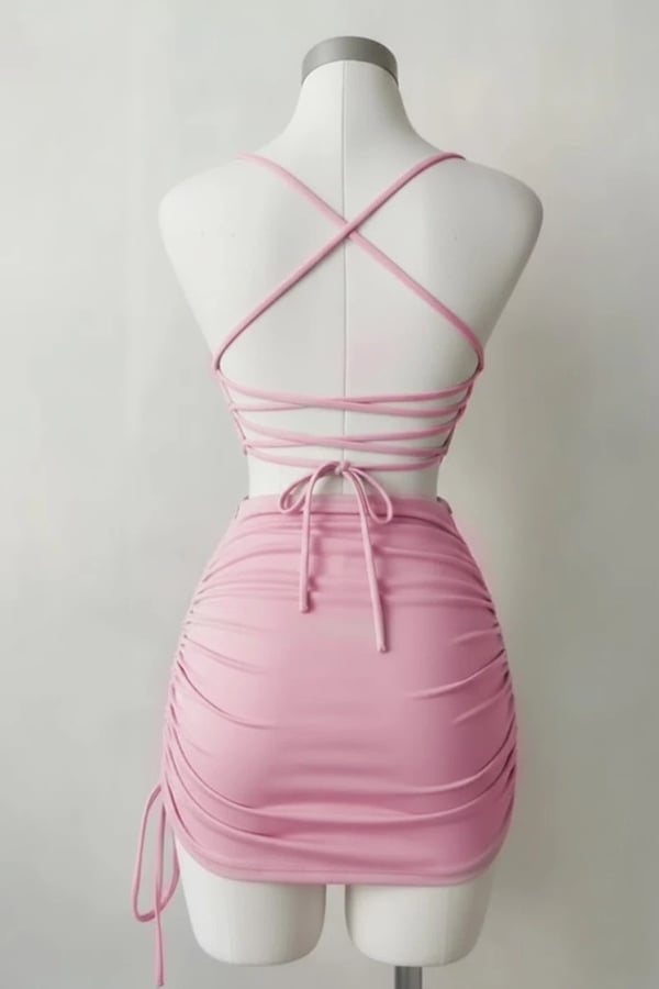 Büzgülü Sırt İpli & Dekolteli Askılı Gotik Y2K Saten Elbise - Pembe