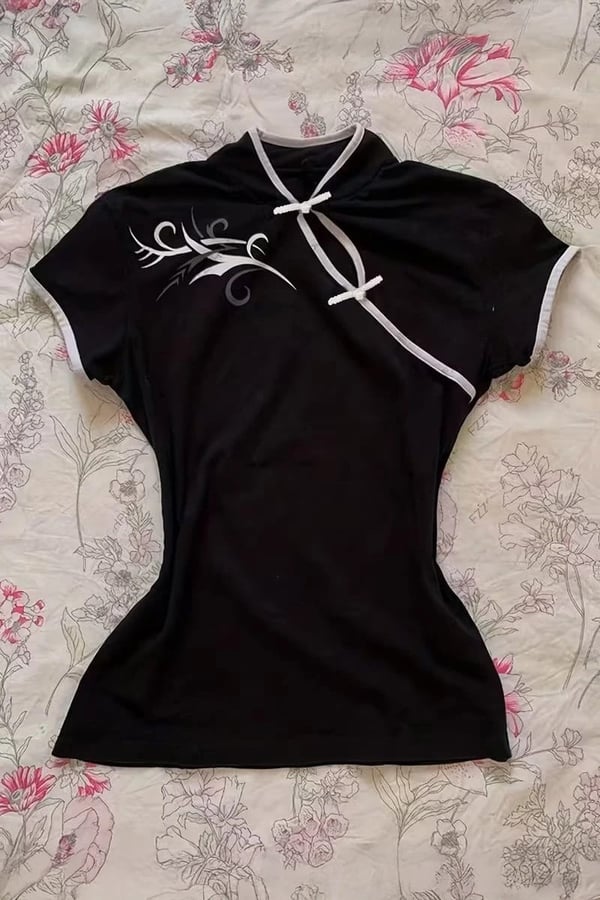 Çin Yakalı Floral Motifli Beyaz Şeritli Vintage Y2K Crop