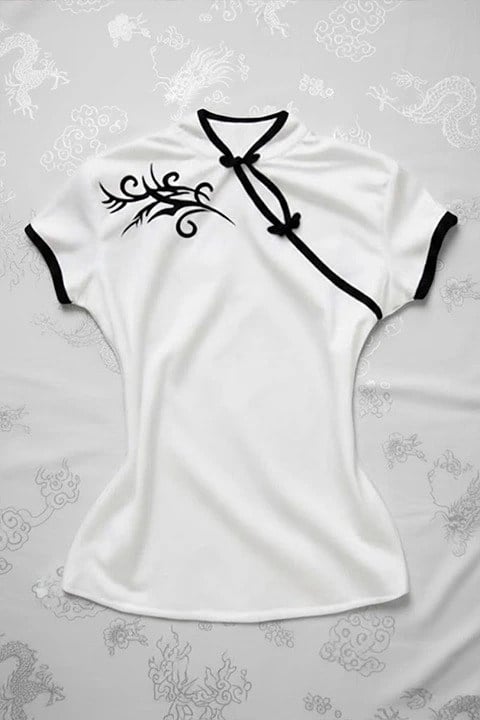 Çin Yakalı Floral Motifli Siyah Şeritli Vintage Y2K Crop