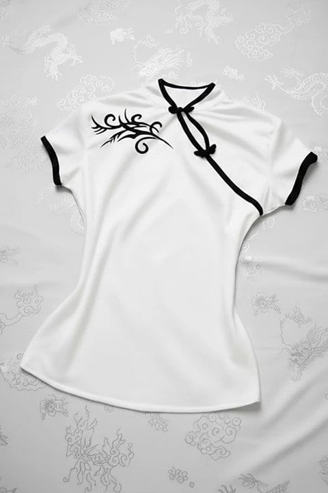 Çin Yakalı Floral Motifli Siyah Şeritli Vintage Y2K Crop