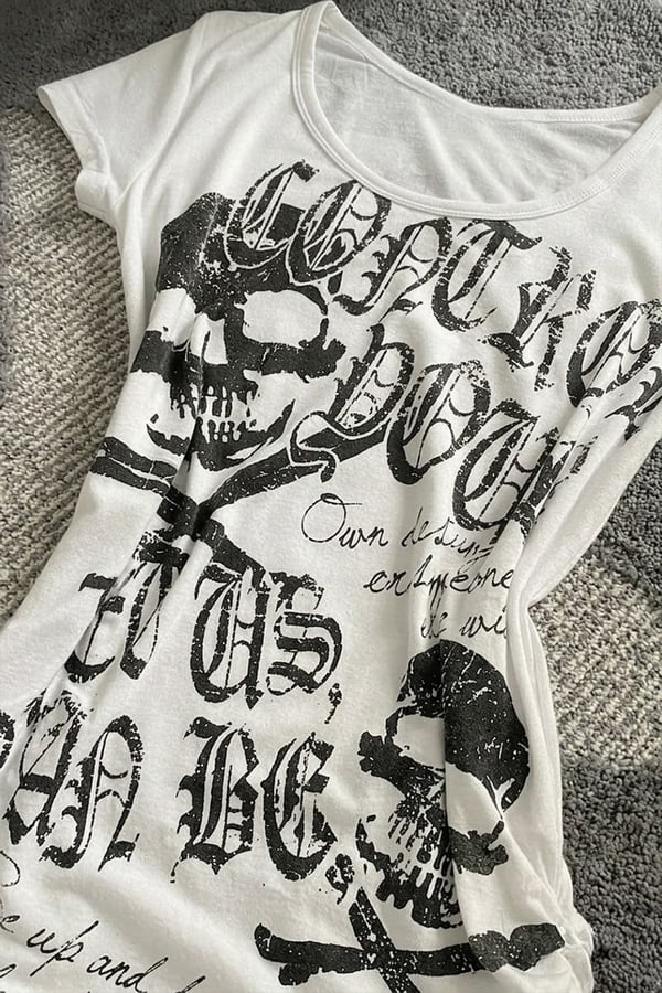 Gotik Skulls Control Geniş Yaka Y2K Crop - Beyaz