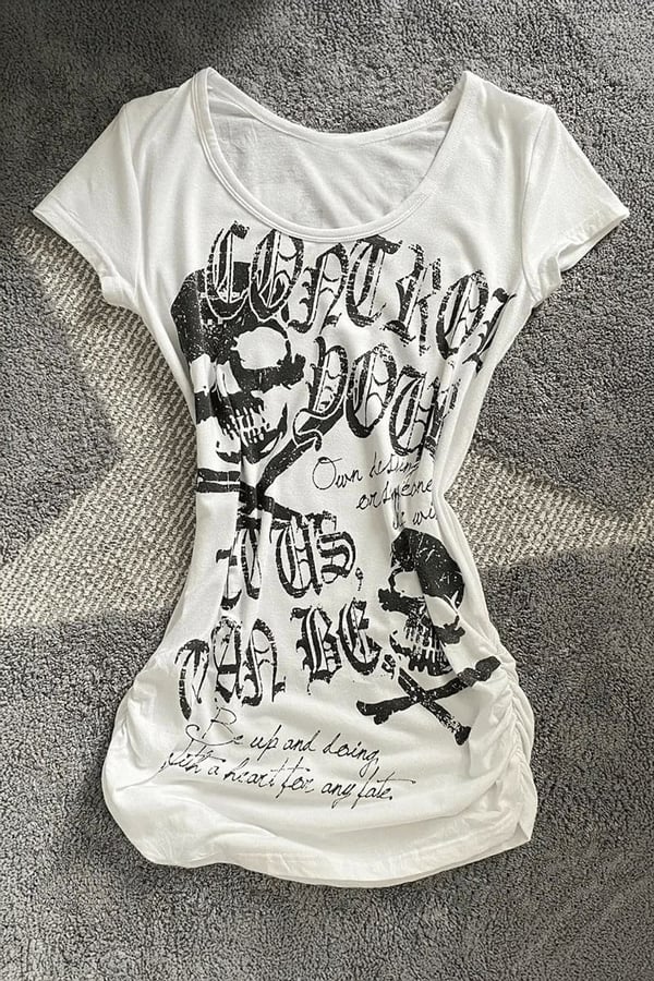 Gotik Skulls Control Geniş Yaka Y2K Crop - Beyaz