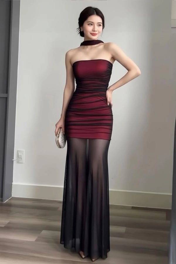 Gotik Transparan Tül Uzun Elbise Bordo