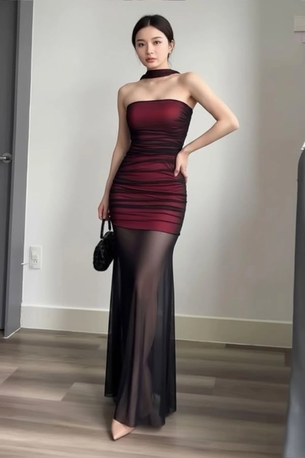 Gotik Transparan Tül Uzun Elbise Bordo
