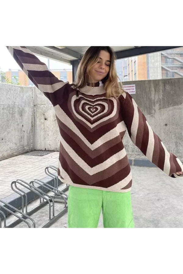 Harajuku Kahverengi Kalp Desenli Kazak