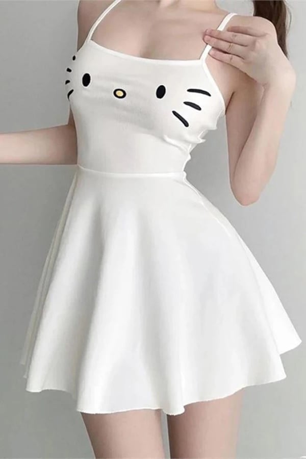 Hello Kitty Face Askılı Elbise Beyaz