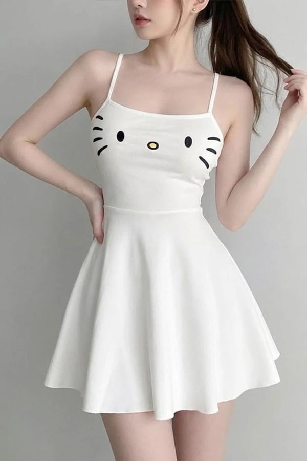 Hello Kitty Face Askılı Elbise Beyaz