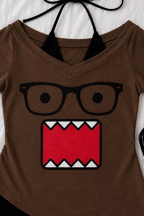 Kahverengi Domo Kun Ek Askılı Y2K Crop