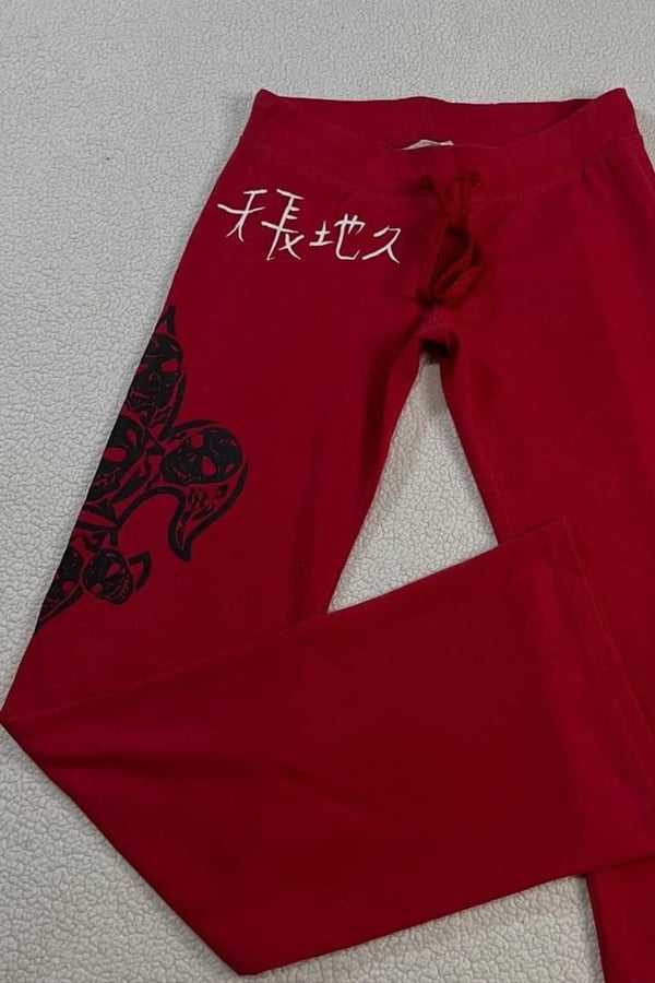 Kırmızı Grunge Flare Rock Taşlı Y2K Eşofman Altı