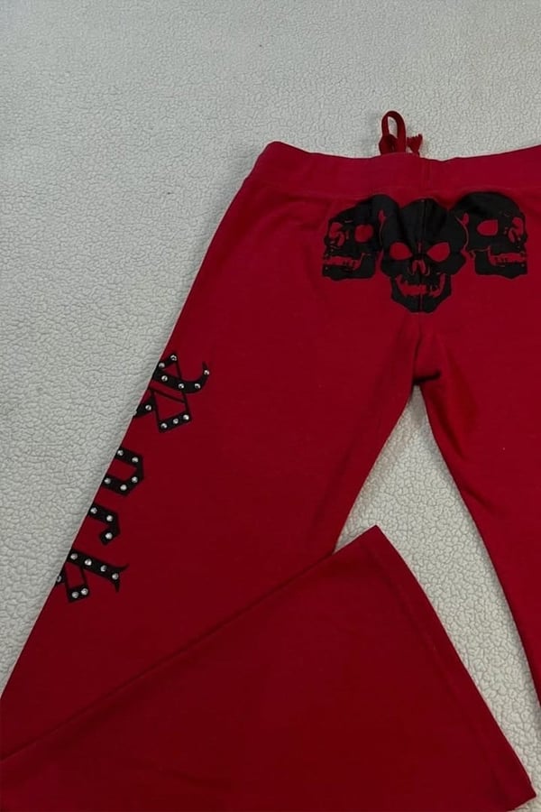 Kırmızı Grunge Flare Rock Taşlı Y2K Eşofman Altı