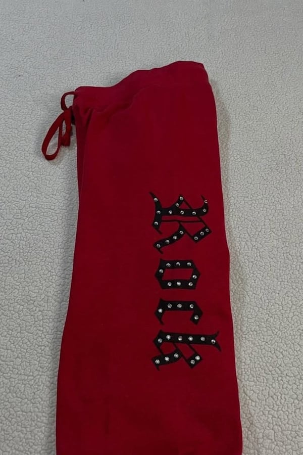 Kırmızı Grunge Flare Rock Taşlı Y2K Eşofman Altı