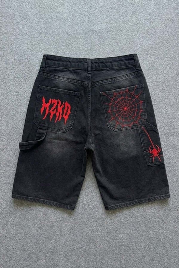 Kırmızı MZKD Spider Nakışlı Y2K Baggy Unisex Şort