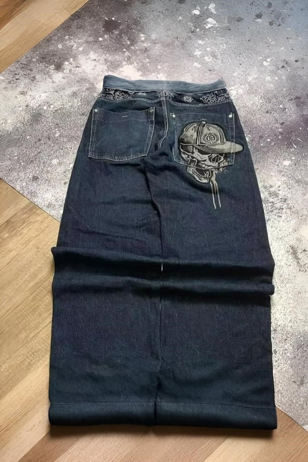Lacivert Back Side Skull Head Baggy Pantolon