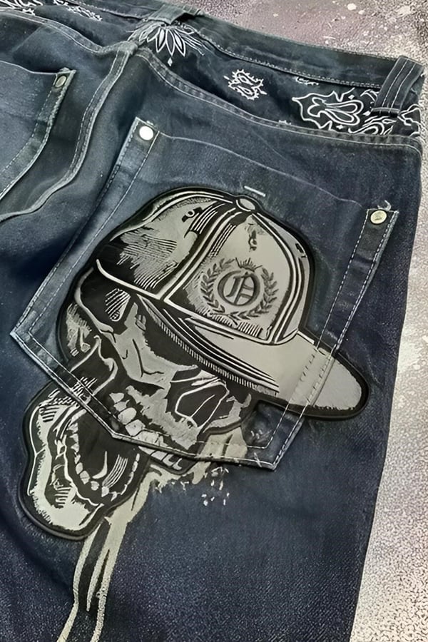 Lacivert Back Side Skull Head Baggy Pantolon