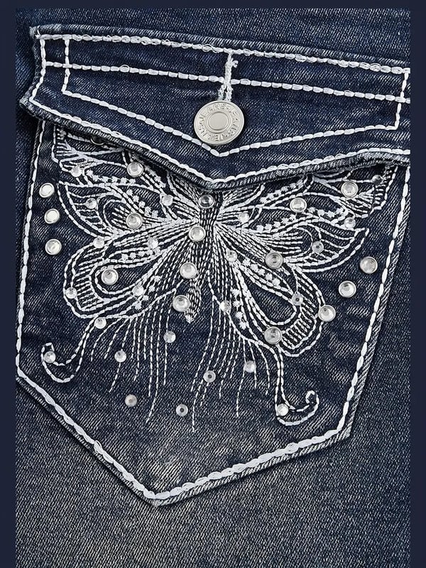 Lacivert Butterfly Cep Detaylı İspanyol Paça Y2K Pantolon