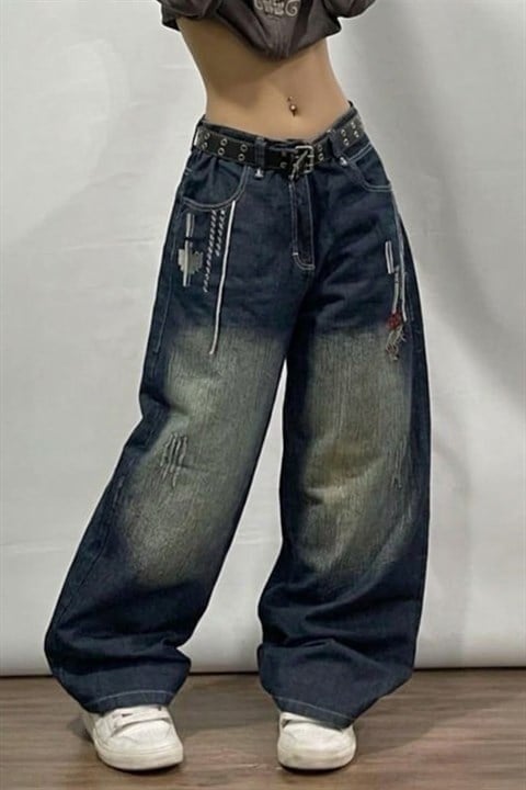 Lacivert D2T Vintage Yıkamalı Baggy Y2K Pantolon