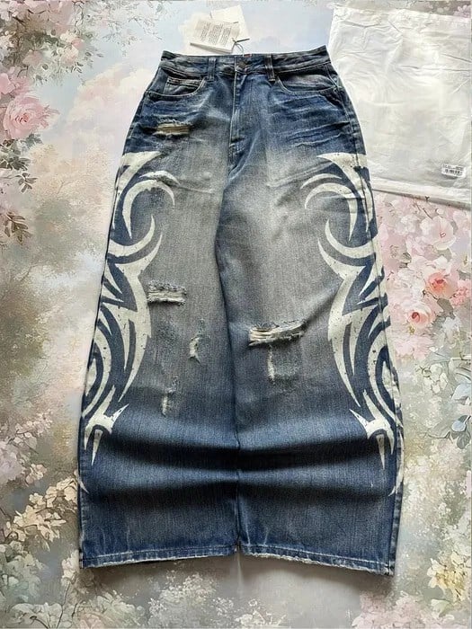 Lacivert Taşlamalı Beyaz Tribal Baskılı Harjuku Y2k Unisex Baggy Kot Pantolon