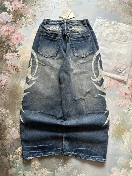 Lacivert Taşlamalı Beyaz Tribal Baskılı Harjuku Y2k Unisex Baggy Kot Pantolon