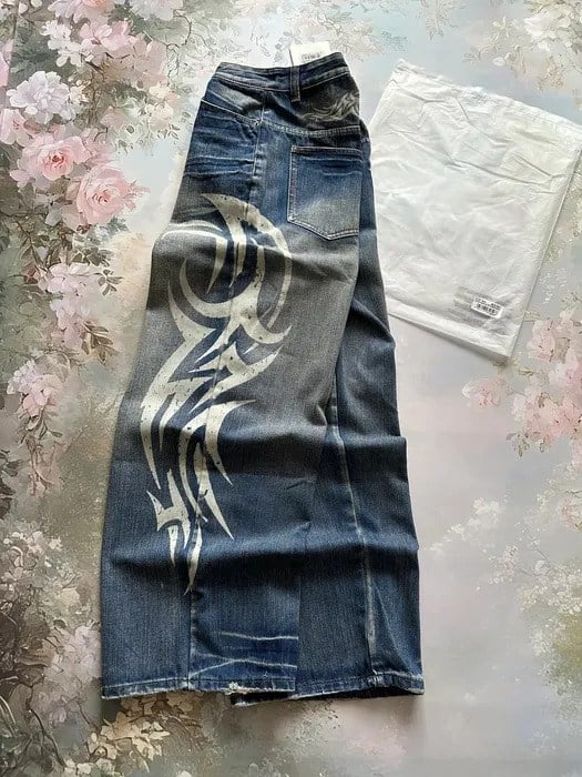 Lacivert Taşlamalı Beyaz Tribal Baskılı Harjuku Y2k Unisex Baggy Kot Pantolon