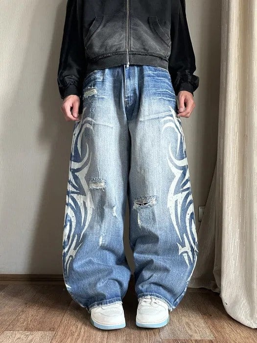 Lacivert Taşlamalı Beyaz Tribal Baskılı Harjuku Y2k Unisex Baggy Kot Pantolon