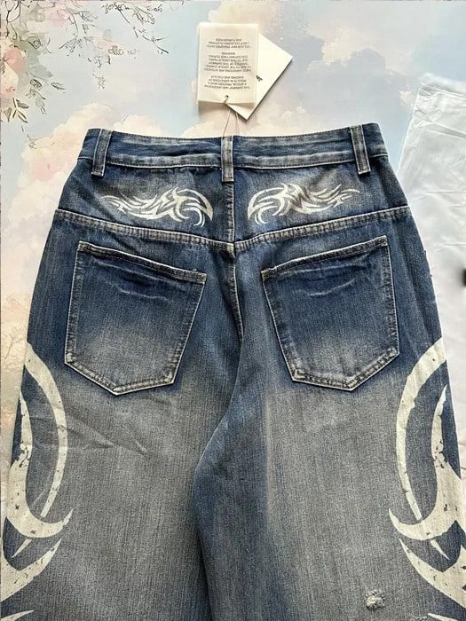 Lacivert Taşlamalı Beyaz Tribal Baskılı Harjuku Y2k Unisex Baggy Kot Pantolon