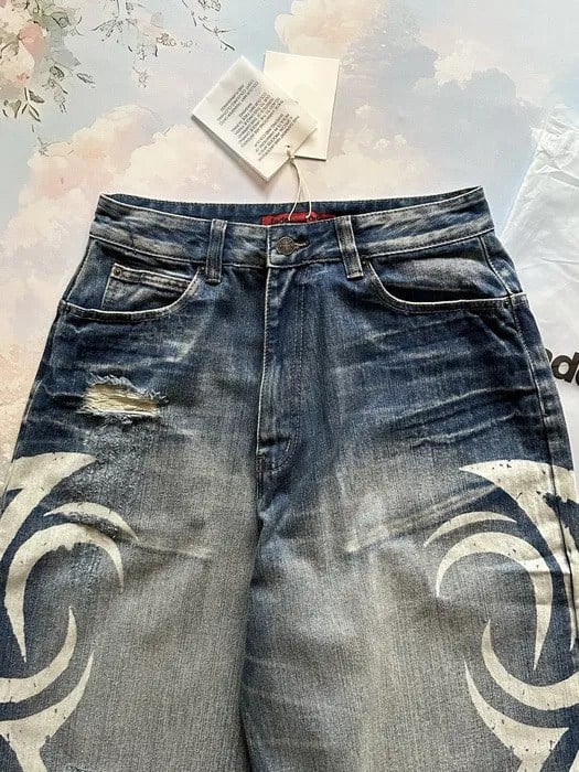 Lacivert Taşlamalı Beyaz Tribal Baskılı Harjuku Y2k Unisex Baggy Kot Pantolon