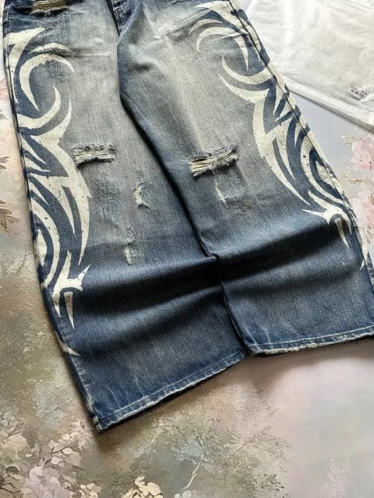 Lacivert Taşlamalı Beyaz Tribal Baskılı Harjuku Y2k Unisex Baggy Kot Pantolon