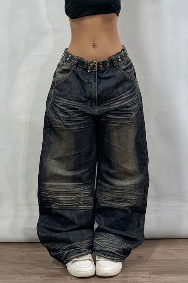 Lacivert Vintage Eskitme Baskılı Streetwear Unisex Baggy Pantolon