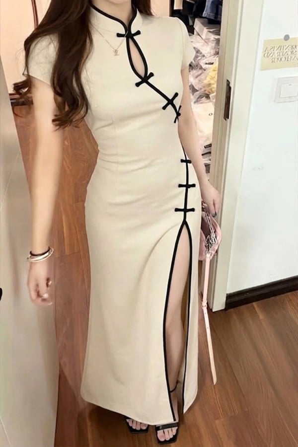 Mandarin Yaka Siyah Şeritli Qipao Y2K Midi Boy Elbise