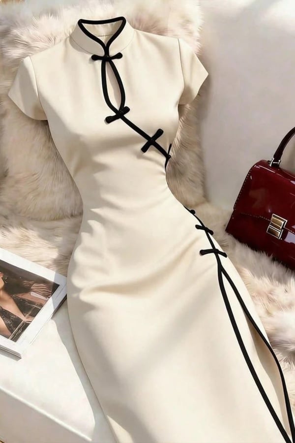 Mandarin Yaka Siyah Şeritli Qipao Y2K Midi Boy Elbise