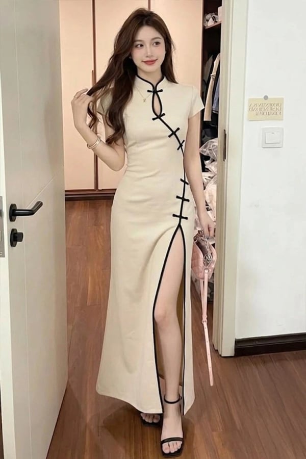 Mandarin Yaka Siyah Şeritli Qipao Y2K Midi Boy Elbise