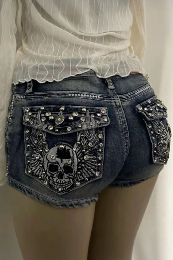 Mavi Yıkamalı Taşlı Skull Wings Grunge Y2K Mini Kot Şort