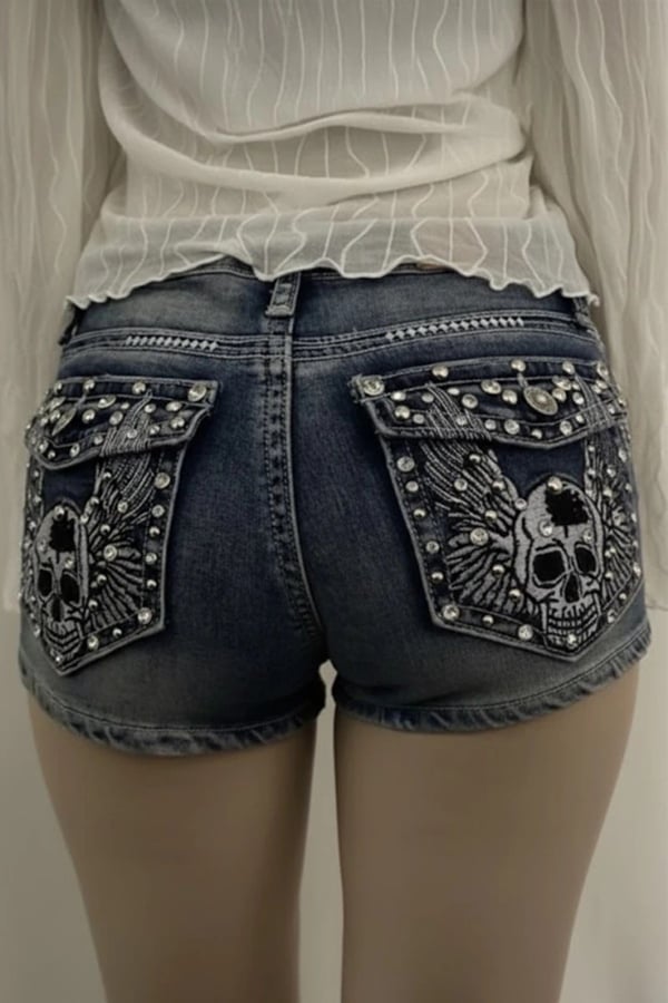 Mavi Yıkamalı Taşlı Skull Wings Grunge Y2K Mini Kot Şort