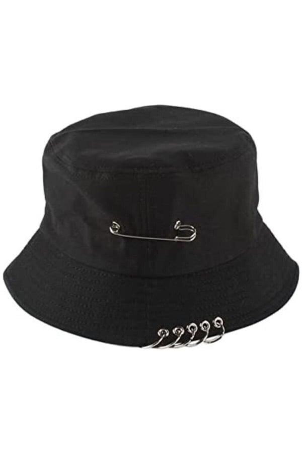 Mood Unisex Siyah K-pop Piercing Ve Çengelli Iğne Modelli Bucket Şapka
