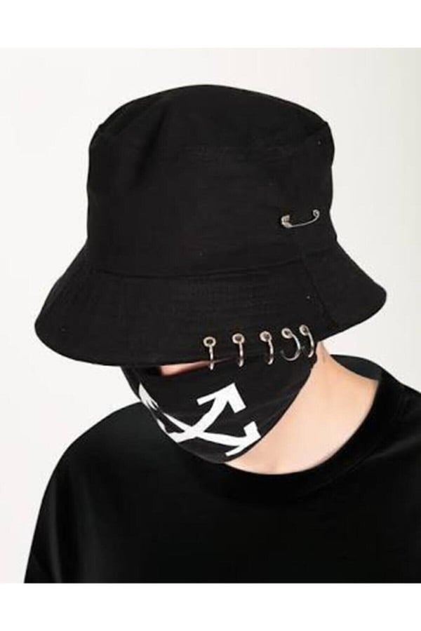 Mood Unisex Siyah K-pop Piercing Ve Çengelli Iğne Modelli Bucket Şapka