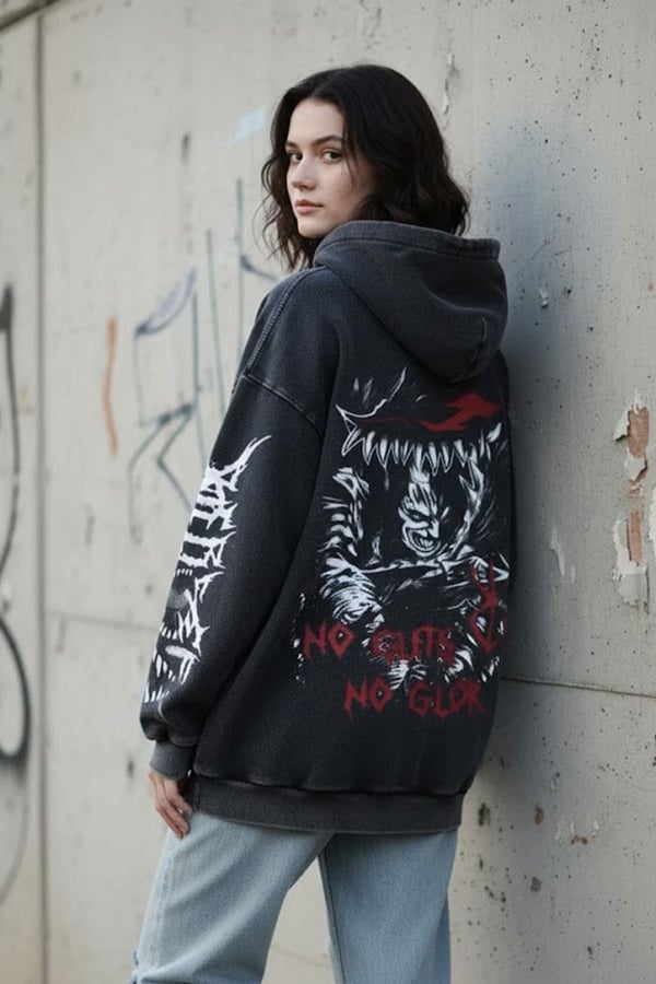 No Guts Anime Berserk Çok Baskılı Kapüşonlu Siyah Yıkamalı Sweatshirt