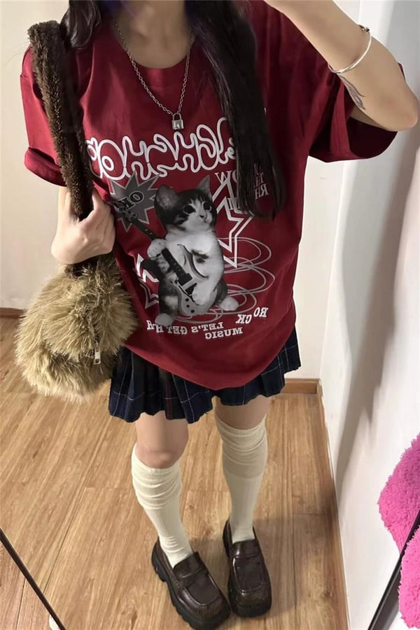 Playing Guitar Cat Stars Unisex Kısa Kollu T-shirt