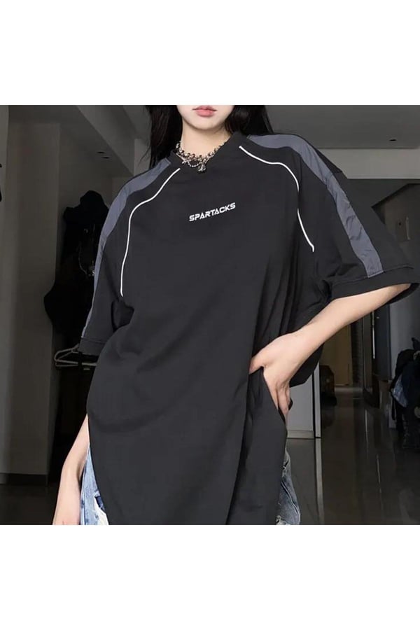 Retro Şerit Detay Spartacks Unisex Siyah Kısa Kollu Tshirt