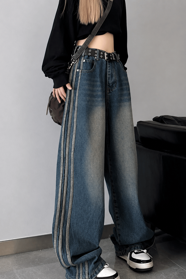 Retro Vintage Style Lacivert Taşlanmış Şeritli Baggy Kot