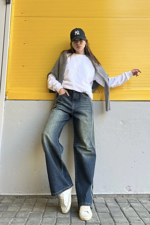 Retro Vintage Style Lacivert Taşlanmış Şeritli Baggy Kot