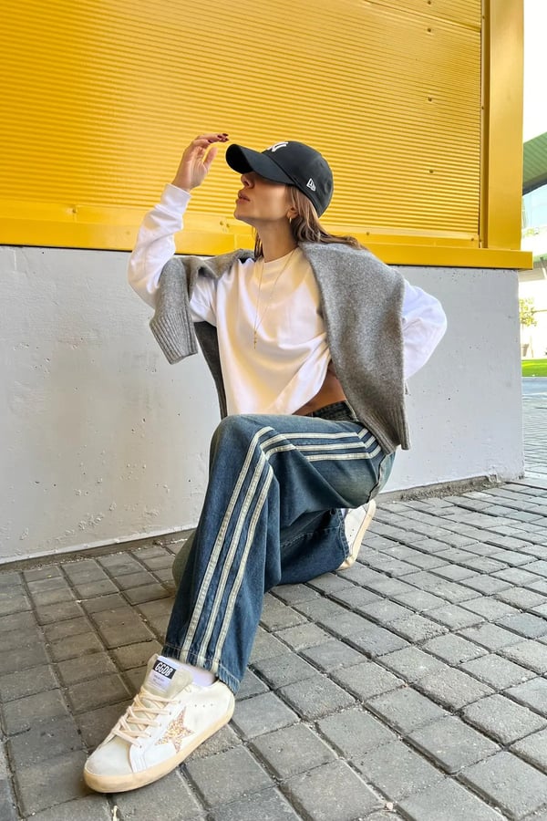 Retro Vintage Style Lacivert Taşlanmış Şeritli Baggy Kot